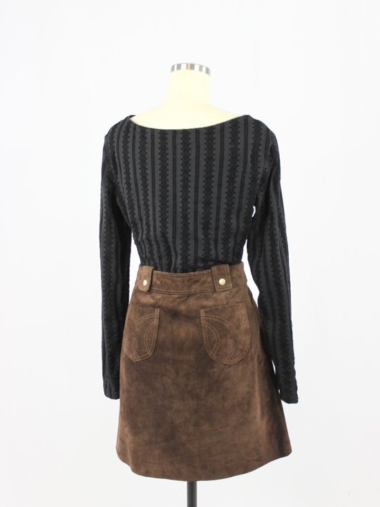 Vintage 00's DANIER Brown 100% Leather Suede Western A-Line Mini Skirt, Size 6 - Picture 14 of 15